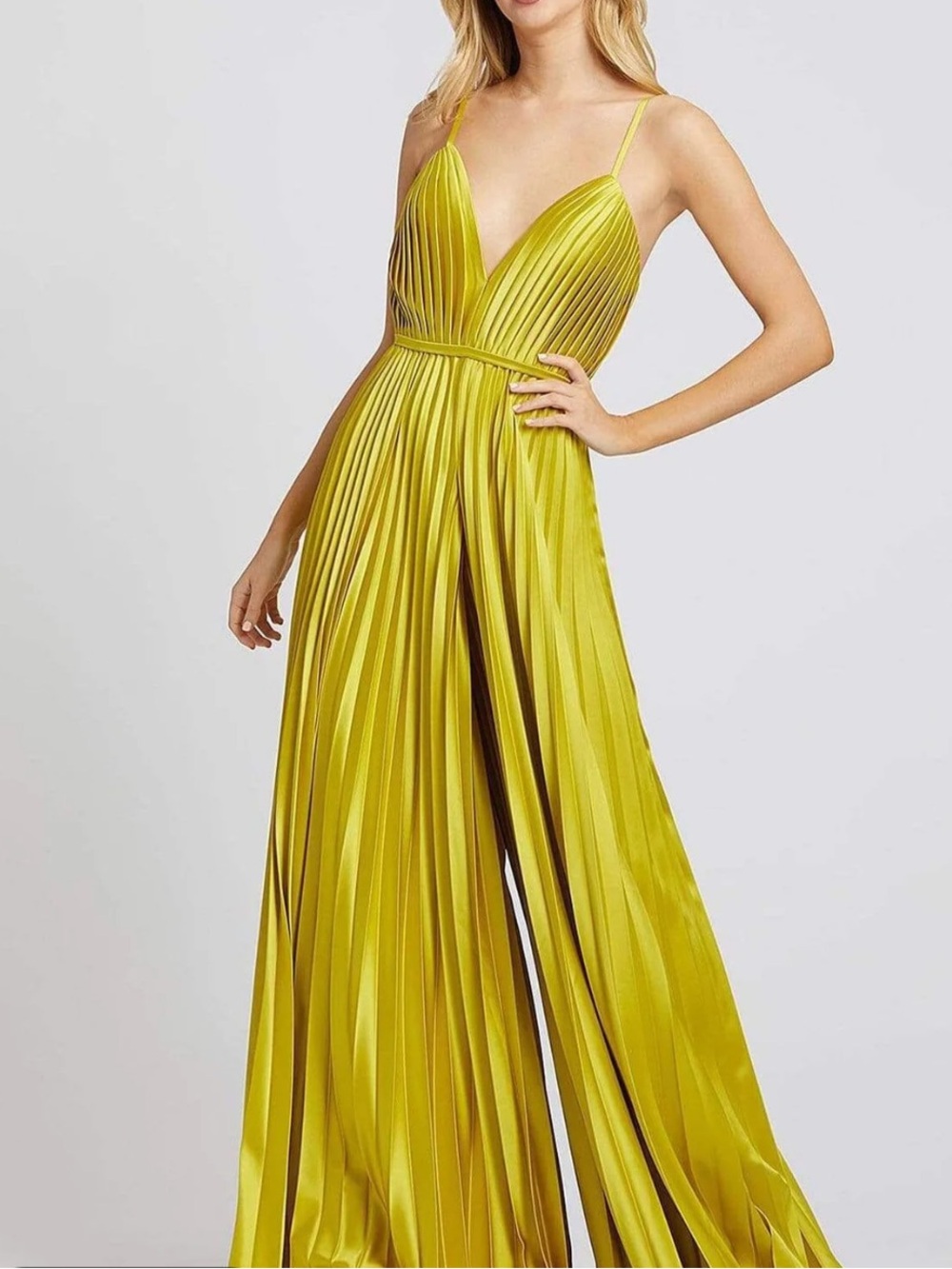 AKIRA Lime-Green Pleated Wide-Leg Jumpsuit